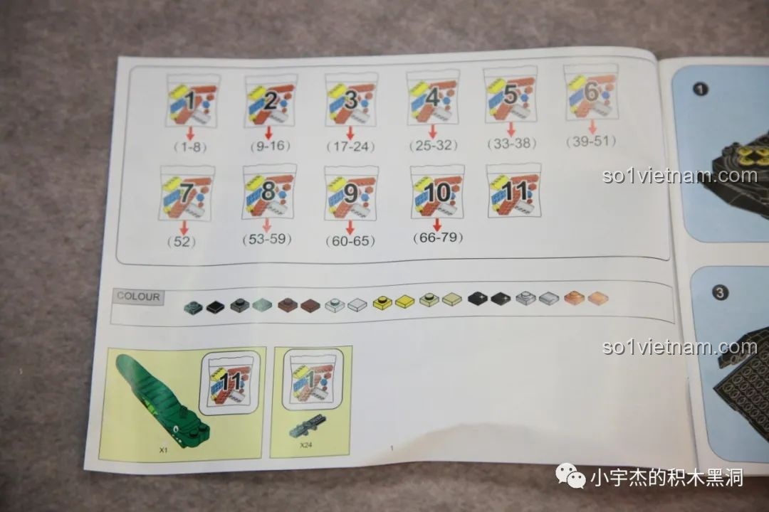 Hướng dẫn phân chia 11 túi mảnh ghép theo từng bước lắp ráp trong sách của bộ Sluban M38-B0851.