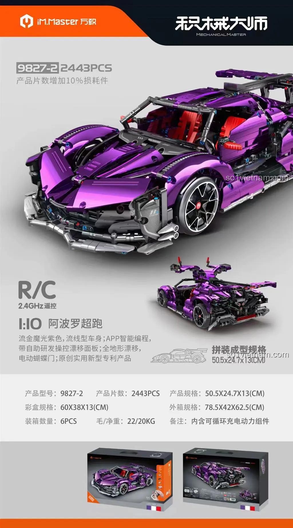 Thông số kỹ thuật bộ lắp ráp IM.Master 9827-2 Siêu xe Apollo, 2443 mảnh, tỉ lệ 1:10, kích thước mô hình 50.5x24.7x13cm, đồ chơi giáo dục cho bé trai.