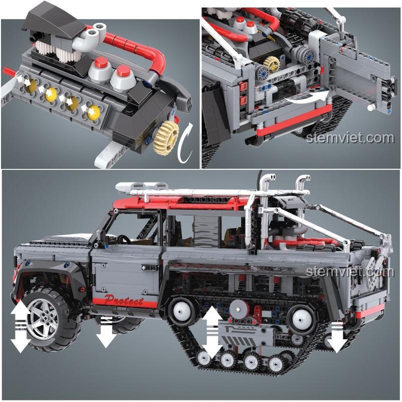 Bộ lắp ráp i'm V 42010 Xe Land Rover Defender Bán Xích Prinoth thể hiện chi tiết động cơ và hệ thống treo, đồ chơi xây dựng kỹ thuật cao cấp