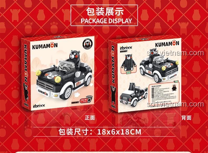 Hộp bộ lắp ghép 880007 Xe Kumamon, hiển thị mặt trước và mặt sau hộp, kích thước bao bì 18x6x18cm, đồ chơi cho bé 6 tuổi