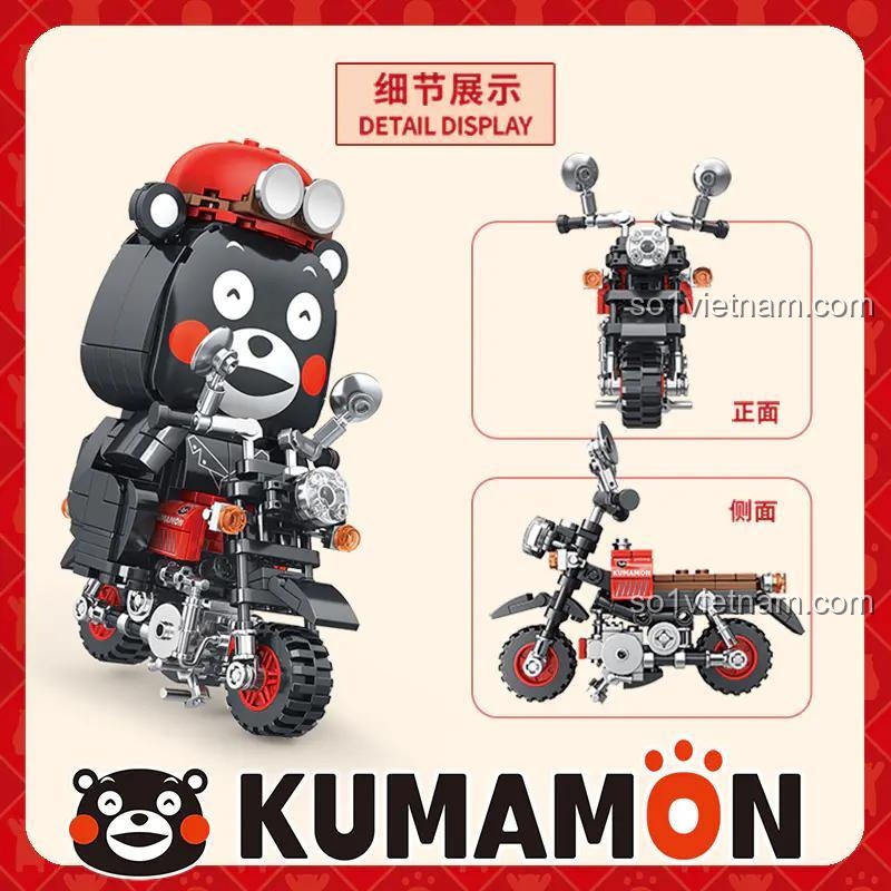 Chi tiết bộ lắp ghép Inbrixx 880008 Xe mô tô Kumamon, hiển thị góc nhìn mặt trước và bên hông, đồ chơi lắp ráp Gấu Kumamon Inbrixx cho bé 6 tuổi