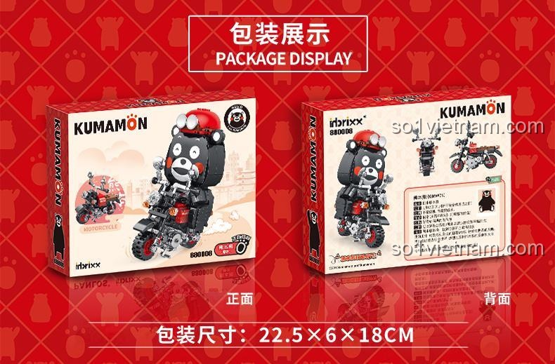 Hiển thị bao bì bộ lắp ghép Inbrixx 880008 Xe mô tô Kumamon, mặt trước và mặt sau hộp, đồ chơi lắp ráp Gấu Kumamon 334 mảnh
