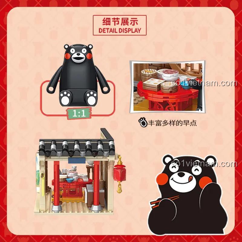 Đồ chơi mô hình Inbrixx 880012 với figure Kumamon và các món ăn sáng phong phú, kích thích sáng tạo cho bé 6 tuổi.