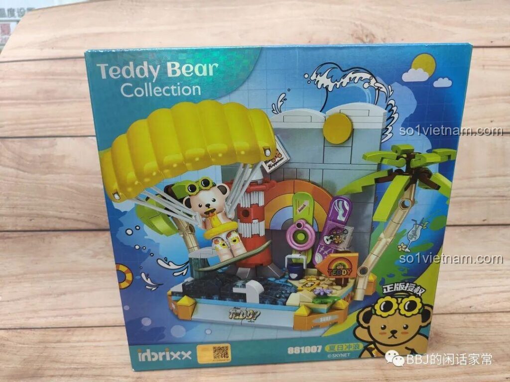Hộp đồ chơi lắp ráp inbrixx 881007 Gấu Teddy Lướt Sóng Mùa Hè với hình ảnh gấu teddy đang lướt sóng và dù bay, màu sắc tươi sáng, thu hút bé gái 6+.