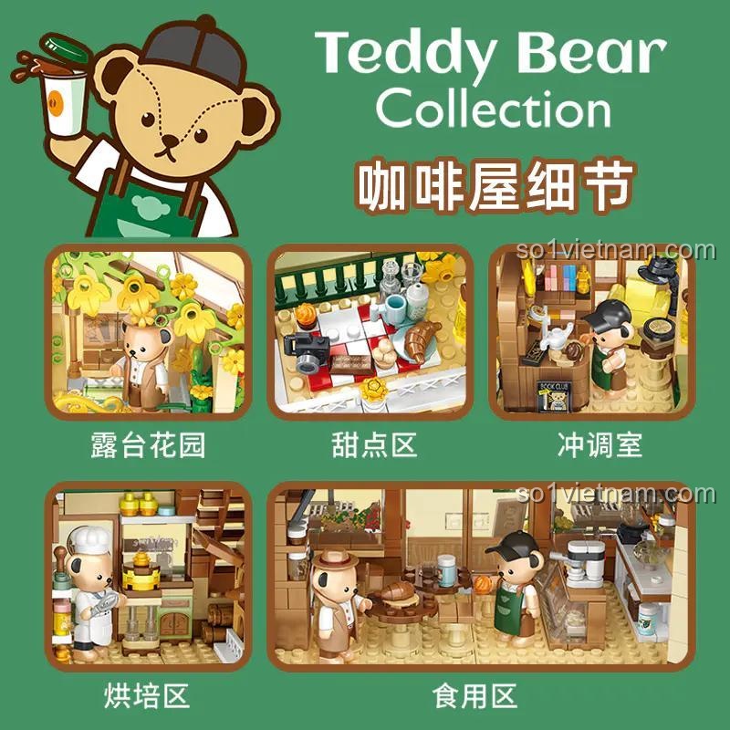 Các khu vực trong quán cà phê inbrixx 881101, bộ lắp ghép 1381 mảnh, bao gồm khu vực ban công, khu vực pha chế, khu vực bánh ngọt