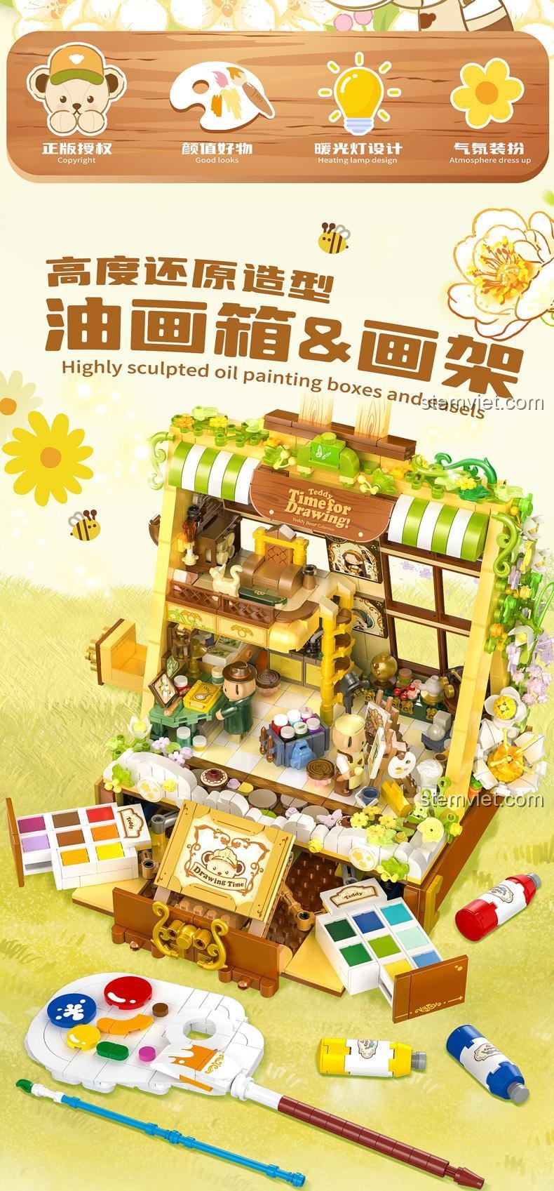 Các đặc điểm nổi bật của Hộp vẽ nghệ thuật 881304: bản quyền, ngoại hình đẹp, đèn ấm, không khí trang trí.