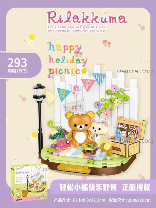 Ảnh poster của đồ chơi mô hình Gấu Rilakkuma và những người bạn đi picnic inbrixx 890402, thể hiện kích thước và số chi tiết.