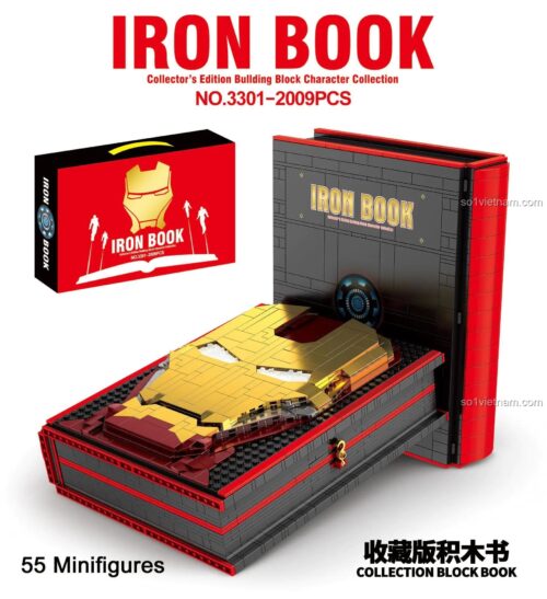 Hộp sản phẩm và mô hình Iron Man dạng sách lắp ghép 3301, 2009 chi tiết, 55 minifigures