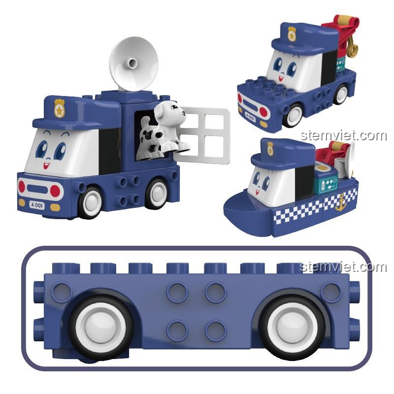 Xe Cảnh Sát Đa Năng BT00021 với 3 mẫu lắp ráp: xe cảnh sát, xe tải, thuyền cảnh sát, đồ chơi lắp ghép sáng tạo.