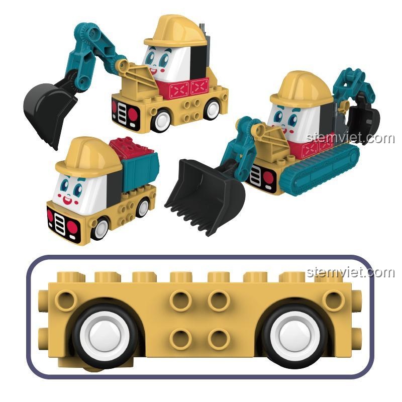 Đồ chơi lắp ráp Xe xúc JAKI BT0002-3, bộ lắp ghép Xe ủi và Xe ben, 3 kiểu lắp ráp khác nhau cho bé trai 1 tuổi.