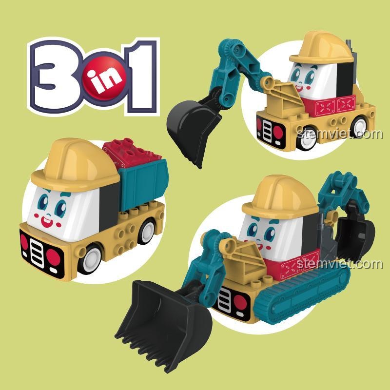 Bộ lắp ghép JAKI BT0003-3 Đội Xe Công Trường: Công Trường Lắp Ghép với 3 mẫu lắp được, đồ chơi sáng tạo cho bé trai.