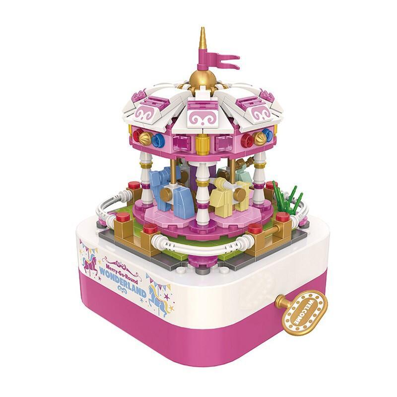 Hộp nhạc vòng quay ngựa gỗ JAKI JK1206, bộ lắp ghép 392 mảnh, hộp sản phẩm màu hồng trắng đáng yêu cho bé gái 8 tuổi, giá tốt.