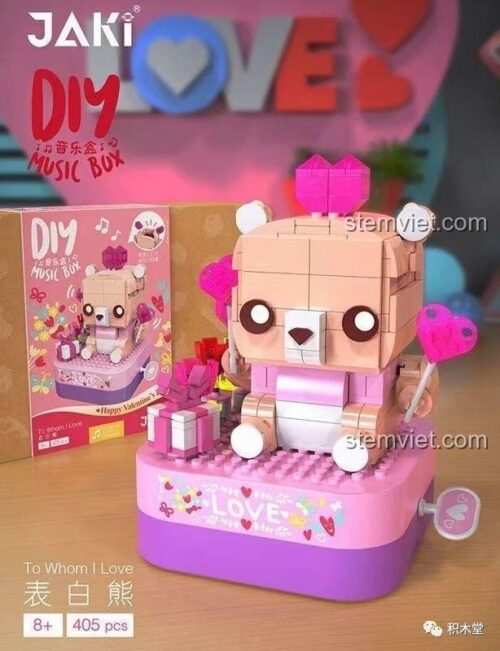 Hộp nhạc Gấu Tỏ Tình JAKI JK1303 màu hồng, bộ lắp ghép 405 mảnh tương thích LEGO® cho bé gái 8 tuổi, quà tặng ý nghĩa.