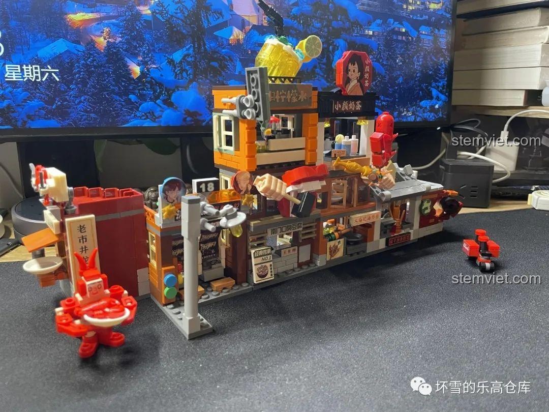 Góc nhìn khác của bộ lắp ráp JAKI JK2131 Phố Cổ Trường Sa đã hoàn thành, thể hiện sự kết nối hài hòa giữa các mô hình.