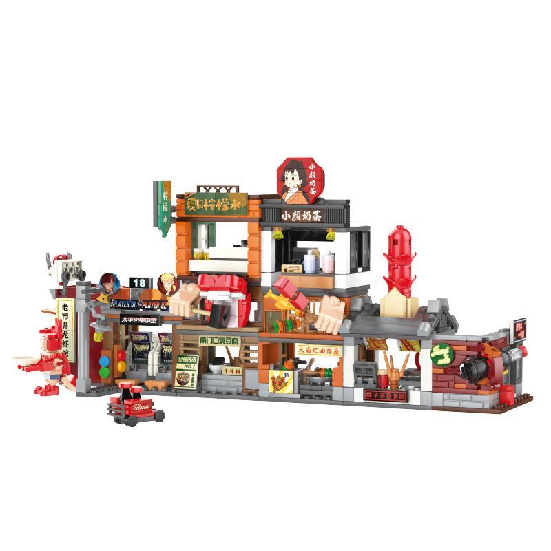 Bộ lắp ghép Phố cổ Trường Sa JAKI JK2131 tổng thể, tái hiện chi tiết các cửa hàng ẩm thực, đồ chơi mô hình giá rẻ cho bé trai và bé gái 8 tuổi.