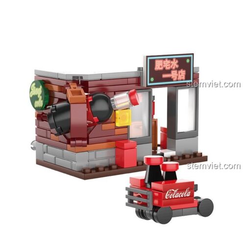 Mô hình cửa hàng nước ngọt JAKI JK2136, một phần của bộ đồ chơi Phố Cổ Trường Sa, chi tiết chai Coca-Cola và xe đẩy, mang đến trải nghiệm lắp ráp thú vị cho trẻ em.
