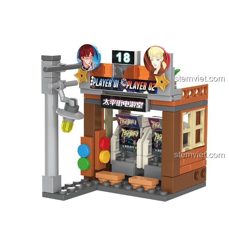 Đồ chơi mô hình Phố cổ Trường Sa JAKI JK2137, bộ lắp ghép cửa hàng điện tử mini, chi tiết máy chơi game, phù hợp bé trai 8 tuổi.