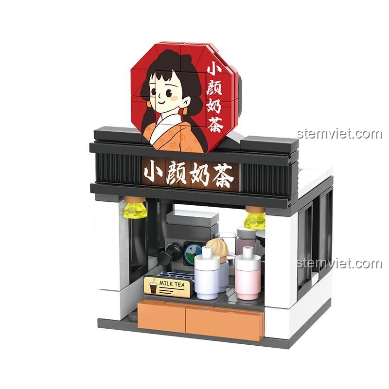 Mô hình cửa hàng trà sữa Tiểu Nhan trong bộ lắp ghép Phố Cổ Trường Sa JAKI JK2139, chi tiết tinh xảo, màu sắc tươi sáng, đồ chơi mô hình cho bé gái.