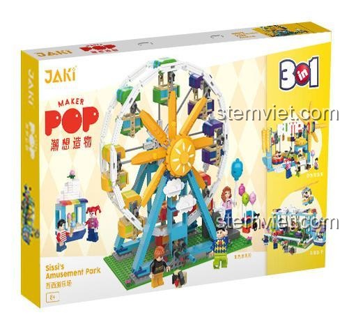 Hộp sản phẩm bộ đồ chơi Công viên giải trí JAKI JK2180, thể hiện 3 mô hình lắp được và 6 minifigures, đồ chơi sáng tạo cho bé 6 tuổi