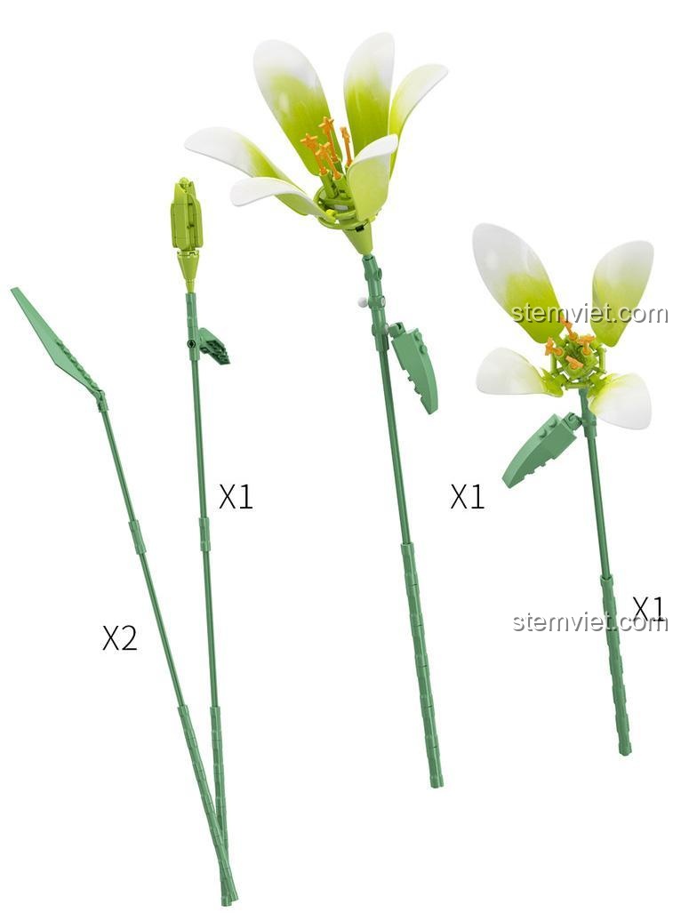 Các mảnh ghép của bộ lắp ghép hoa Bách Hợp Sớm Xuân JAKI JK26101, thể hiện chi tiết các phần hoa và lá, giúp con gái 14 tuổi dễ dàng lắp ráp.