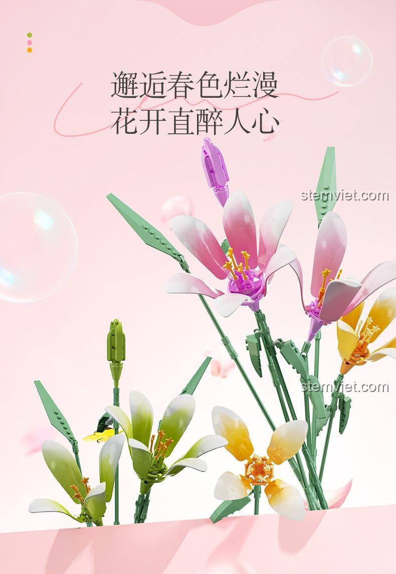 Bộ đồ chơi lắp ráp hoa Bách Hợp Sớm Xuân JAKI JK26101 với màu sắc tươi sáng, mang đến không khí mùa xuân, món quà giá rẻ cho con gái 14 tuổi.