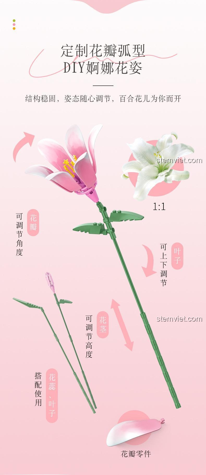 Tính năng tùy chỉnh cánh hoa và thân của bộ lắp ghép hoa Bách Hợp Sớm Xuân JAKI JK26101, cho phép tạo hình độc đáo, tăng cường kỹ năng thiết kế cho con gái 14 tuổi.