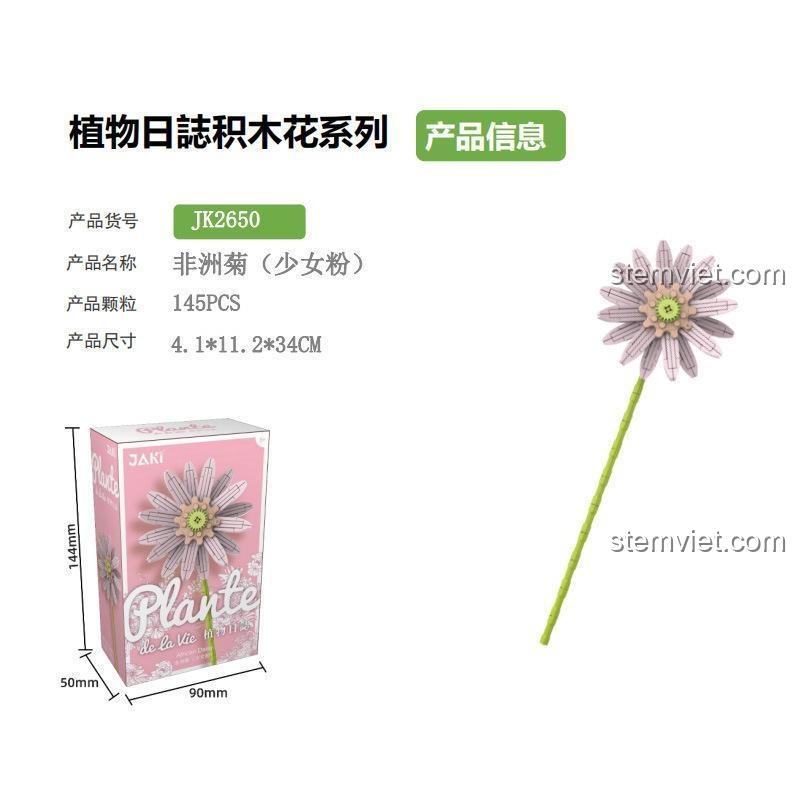 Hộp sản phẩm bộ đồ chơi Hoa Cúc Tím Jaki JK2650, kích thước hộp 9x5x14.4 cm, có hình ảnh hoa cúc tím và thông tin sản phẩm