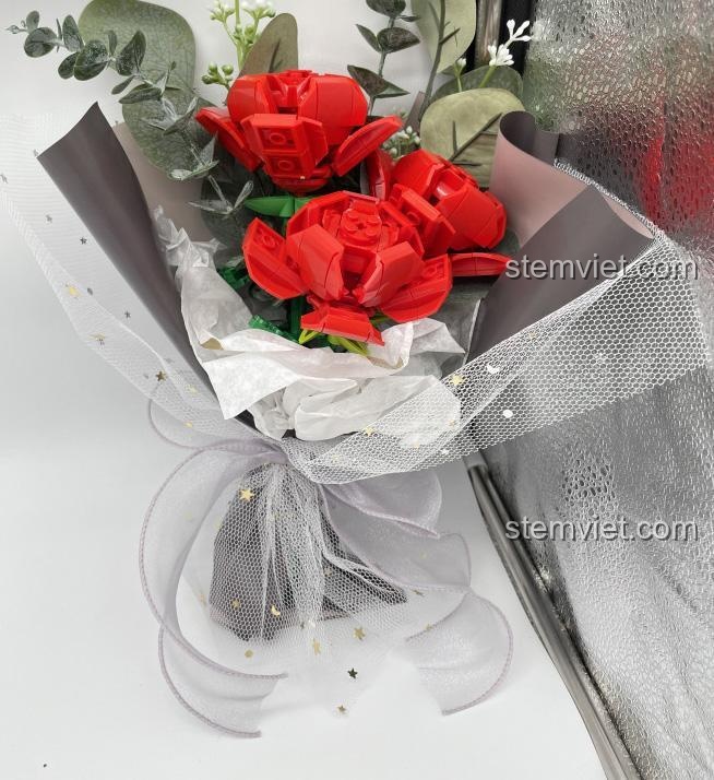 Bó hoa hồng đỏ lắp ghép JAKI JK2685, đồ chơi lắp ghép hoa tươi vĩnh cửu, quà tặng ý nghĩa cho bé gái 6 tuổi