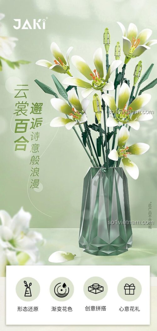 Mô hình hoa ly JAKI JK2695 sau khi lắp ráp, cắm trong bình thủy tinh, vẻ đẹp lãng mạn.