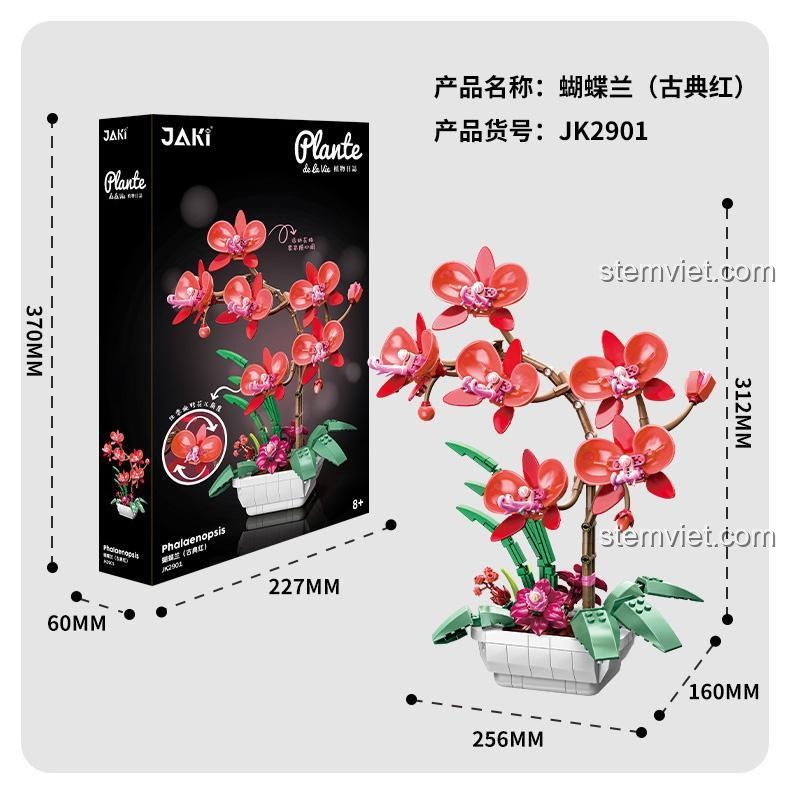 Hộp và kích thước bộ lắp ghép Chậu Lan Hồ Điệp JAKI JK2901, mô hình hoa lan hồ điệp trang trí, tiết kiệm cho mẹ có con gái 8 tuổi.
