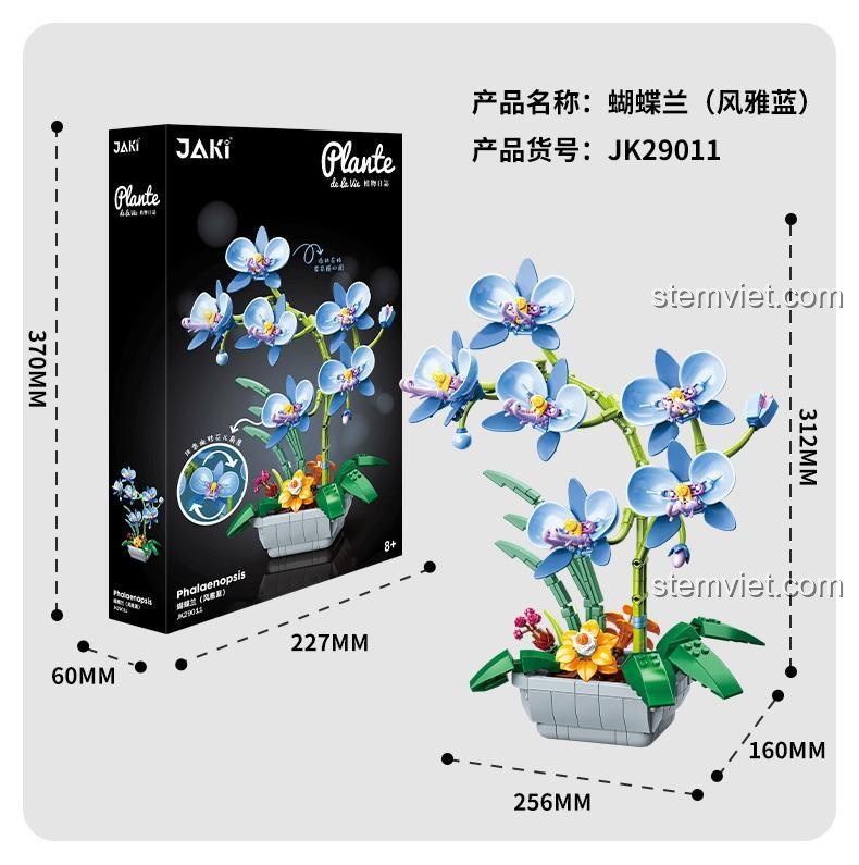 Hộp sản phẩm JAKI JK29011 Hoa Lan Hồ Điệp với thông số kích thước rõ ràng, bộ đồ chơi lắp ghép chất lượng, đáng tiền cho mẹ bé gái 8 tuổi.