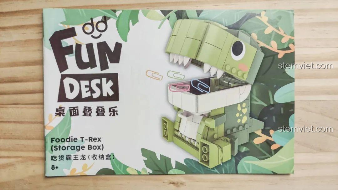 Sách hướng dẫn bộ đồ chơi Khủng long T-Rex hộp bút JAKI JK5102, minh họa rõ ràng các bước lắp ráp.