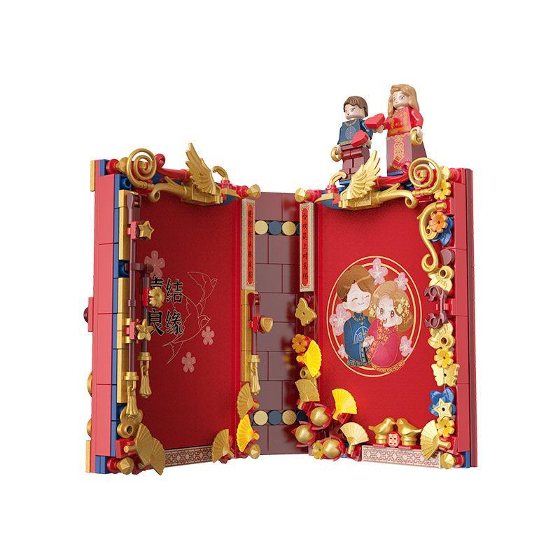 Bộ lắp ghép Sách Lắp Ráp Đám Cưới JAKI JK5152 mở ra, hiển thị cô dâu chú rể và khung ảnh, phù hợp cho bé trai và bé gái 8 tuổi trở lên, quà tặng giá tốt.