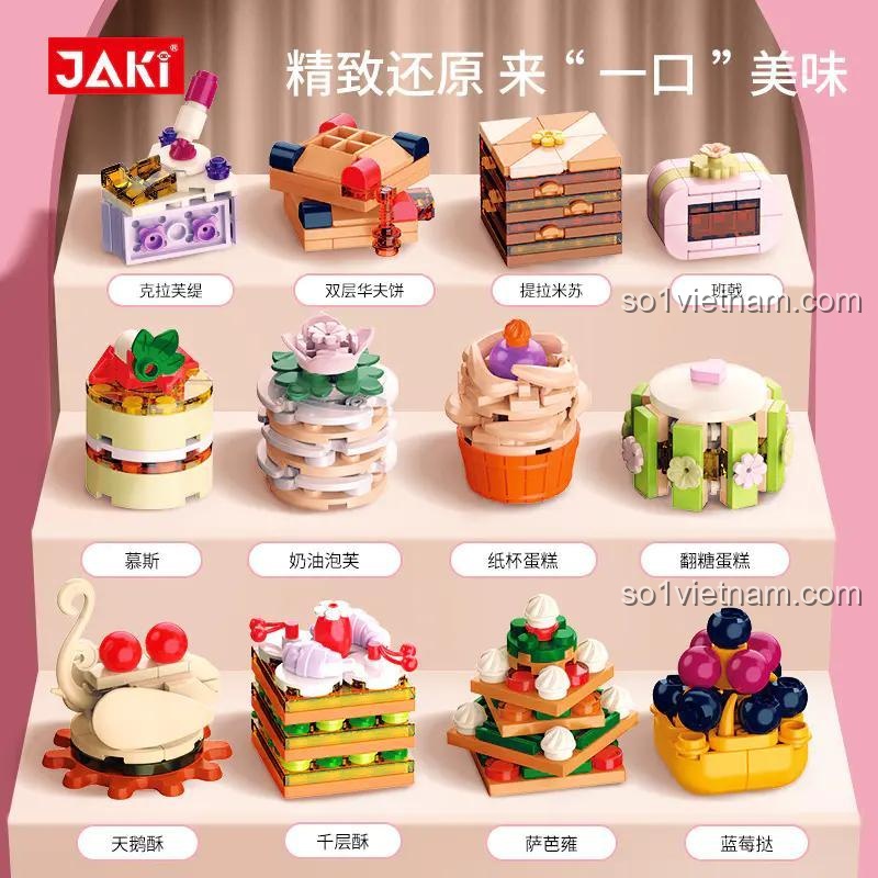 Các loại bánh ngọt chi tiết từ bộ lắp ghép JAKI JK5630, mô hình bánh ngọt sáng tạo, đồ chơi làm bánh, bộ sưu tập bánh ngọt, 12 mẫu bánh ngọt