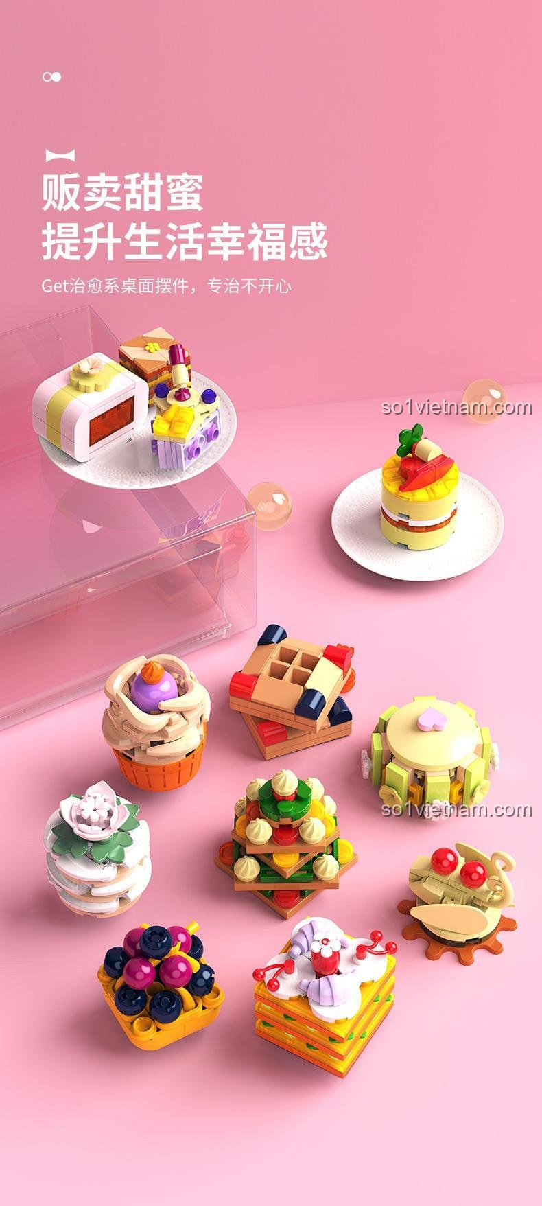 Mô hình bánh sô cô la từ bộ lắp ghép JAKI JK5630, bộ lắp ghép bánh ngọt, đồ chơi làm bánh, mô hình đồ ăn dễ thương, bộ sưu tập bánh ngọt, 12 mẫu bánh ngọt