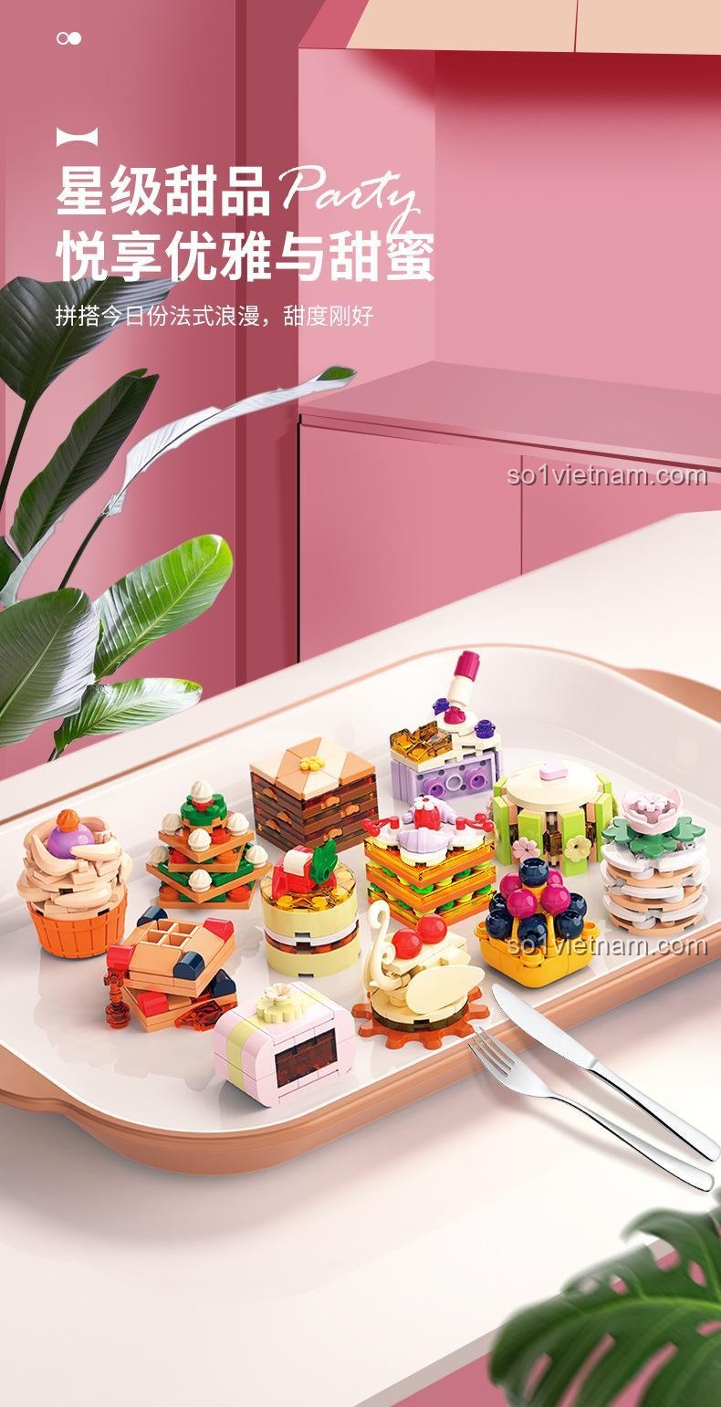 Mô hình bánh su kem từ bộ lắp ghép JAKI JK5630, bộ lắp ghép bánh ngọt, đồ chơi làm bánh, mô hình đồ ăn dễ thương, bộ sưu tập bánh ngọt, 12 mẫu bánh ngọt