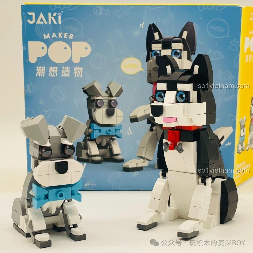 Cặp đôi mô hình chó Schnauzer và Husky JAKI JK8130 cùng hộp sản phẩm, sẵn sàng làm quà tặng ý nghĩa.
