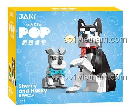 Hộp đồ chơi mô hình JAKI JK8130 Cặp đôi chó Schnauzer và Husky, bộ khối lắp ghép chất lượng cao cho bé 8 tuổi, giá rẻ.