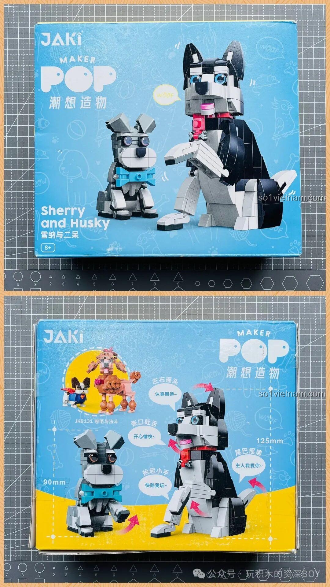Hộp sản phẩm JAKI JK8130 mô hình chó Schnauzer và Husky, thiết kế bắt mắt với hình ảnh hai chú chó đáng yêu.