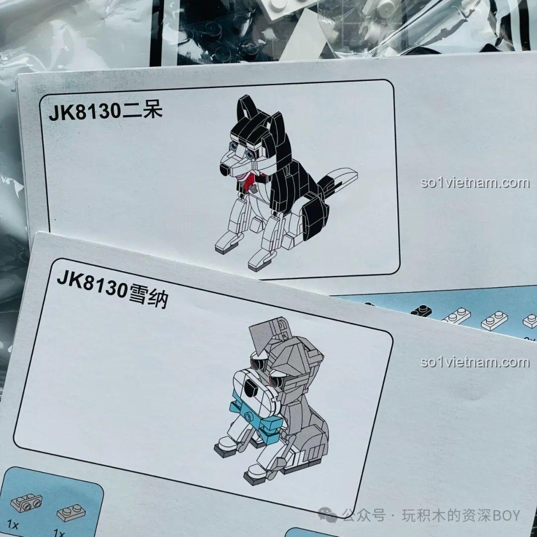 Hai cuốn sách hướng dẫn lắp ráp riêng biệt cho mô hình chó Schnauzer và Husky của JAKI JK8130.