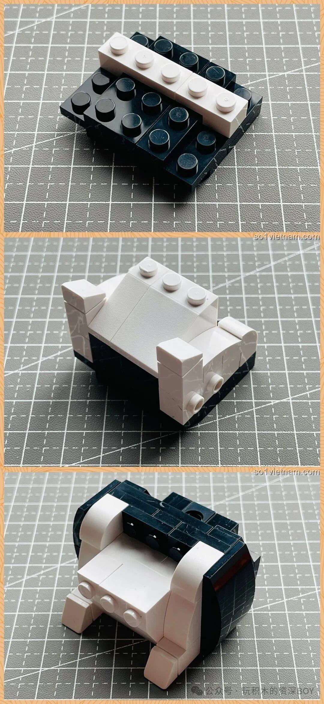 Bắt đầu lắp ráp phần thân dưới của mô hình chó Husky trong bộ JAKI JK8130 với các mảnh ghép đen trắng.