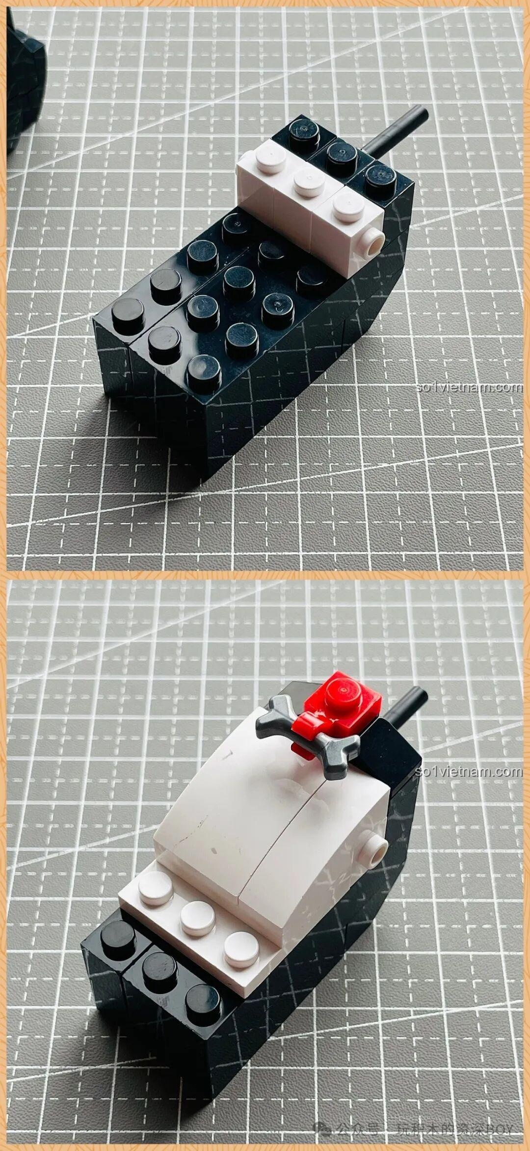 Phần thân mô hình chó Husky JAKI JK8130 dần hình thành, nổi bật với chiếc vòng cổ màu đỏ và xương nhỏ xinh.