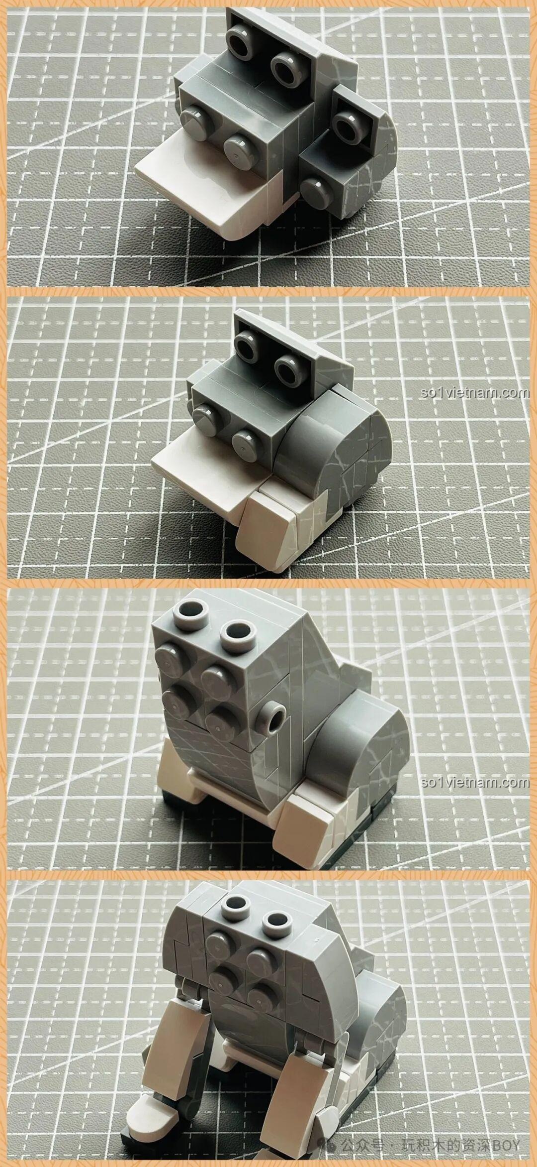 Quá trình lắp ráp phần thân dưới của mô hình chó Schnauzer trong bộ JAKI JK8130, các mảnh ghép màu xám.