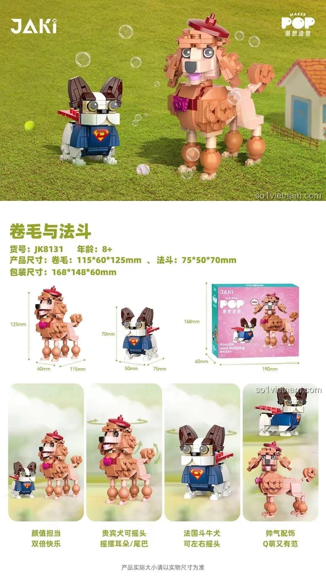 Kích thước đồ chơi lắp ráp Chó Poodle JAKI JK8131, mô tả chi tiết tính năng mô hình chó Bulldog Pháp, phù hợp cho con trai và con gái 8 tuổi.