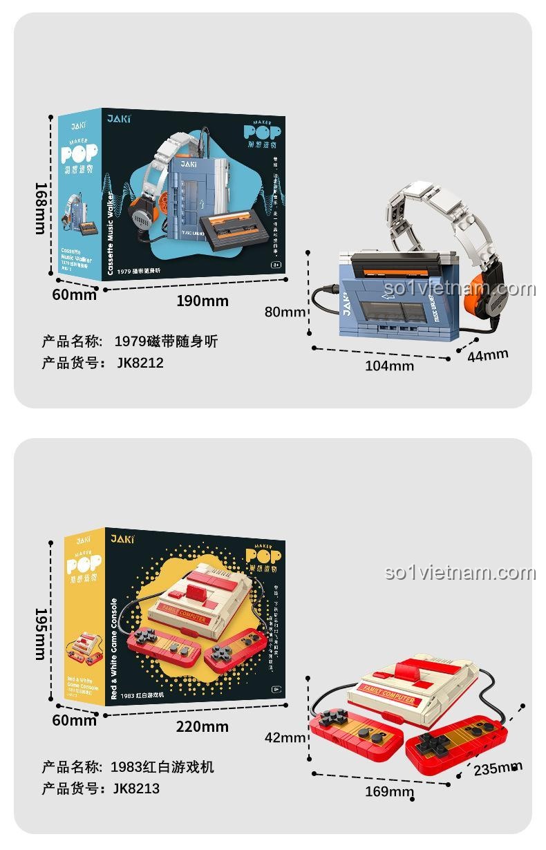 Kích thước chi tiết bộ xếp hình Cỗ máy tuổi thơ Famicom JAKI JK8213, chất lượng cao