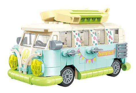 Hộp bộ lắp ghép JAKI JK8305 Xe Du Lịch Mùa Hè, hình ảnh xe van cắm trại và minifigure trên bãi biển, đồ chơi mô hình cho bé gái 8 tuổi, giá rẻ