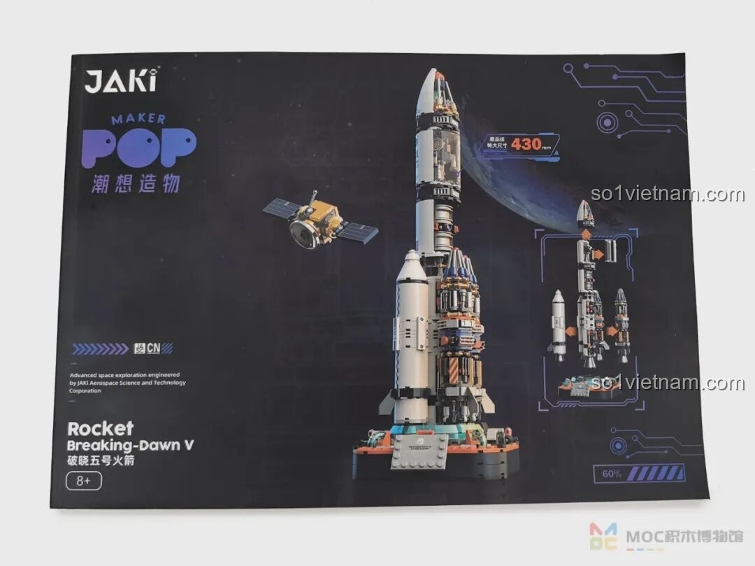 Hộp sản phẩm bộ lắp ráp JAKI JK8501 Tên lửa Bình Minh số 5 với thiết kế bán trong suốt độc đáo, thu hút bé trai 8 tuổi.