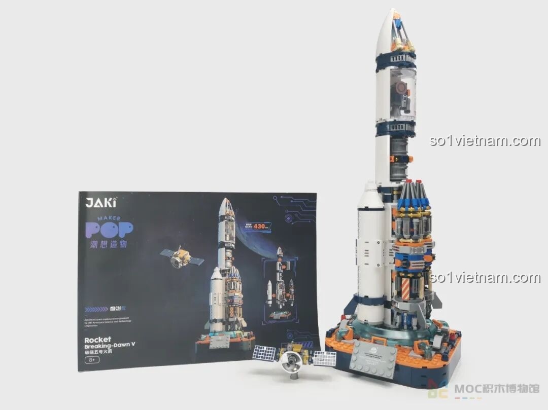 Hộp sản phẩm và mô hình Tên lửa Bình Minh số 5 JK8501 hoàn chỉnh, thể hiện sự tương đồng giữa hình ảnh và sản phẩm thực tế.