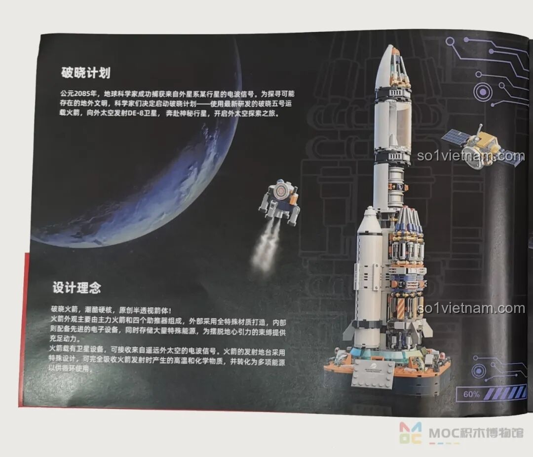 Trang đầu sách hướng dẫn lắp ráp bộ JAKI JK8501 Tên lửa Bình Minh số 5, giới thiệu câu chuyện và cách chơi, tăng tính giáo dục.