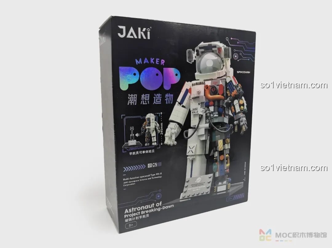 Hộp sản phẩm phi hành gia JAKI, gợi ý về thiết kế tương tự của bộ lắp ráp Tên lửa Bình Minh số 5 JK8501, đồ chơi giáo dục cho bé.